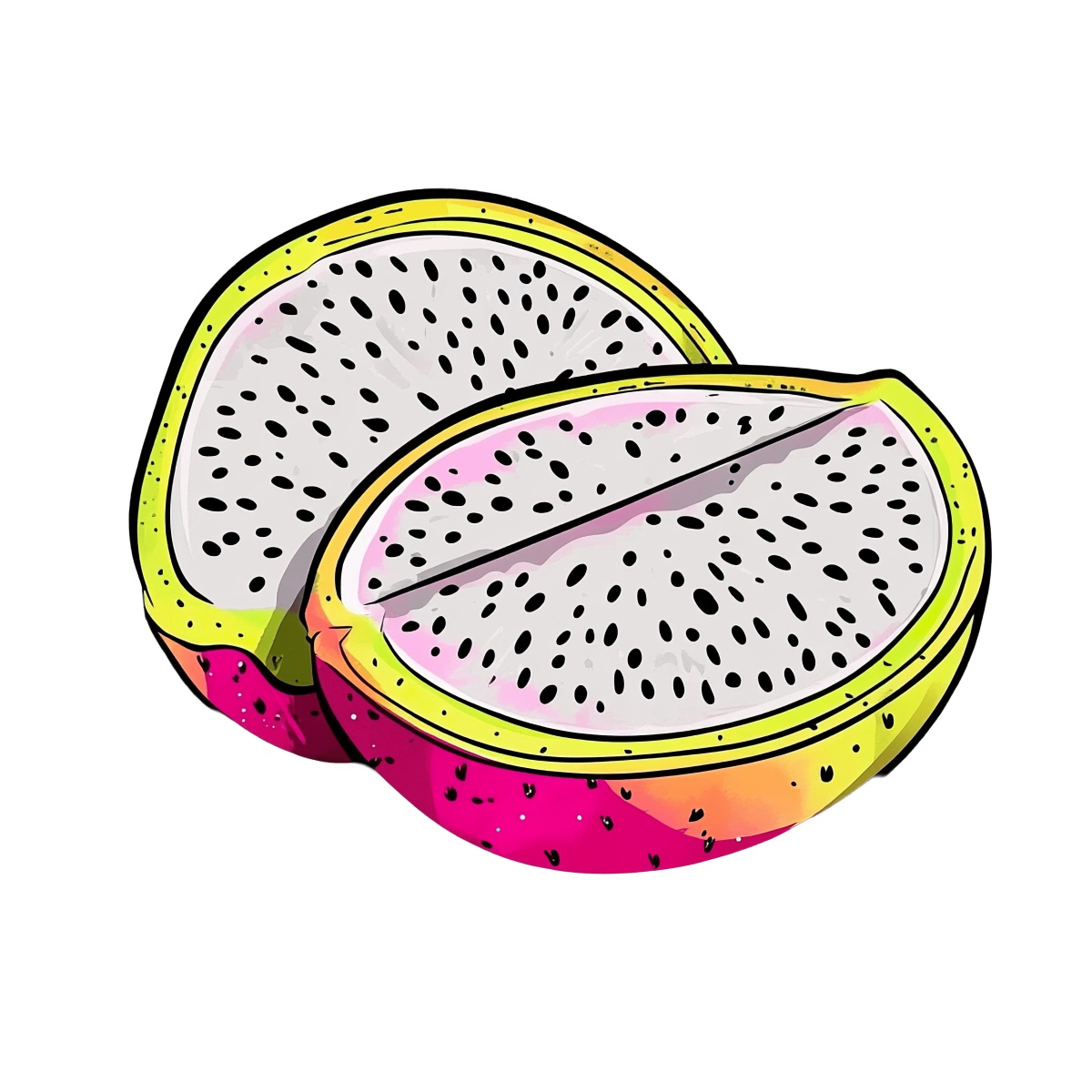 Sliced dragon fruit with vibrant pink and yellow skin showing speckled interior.