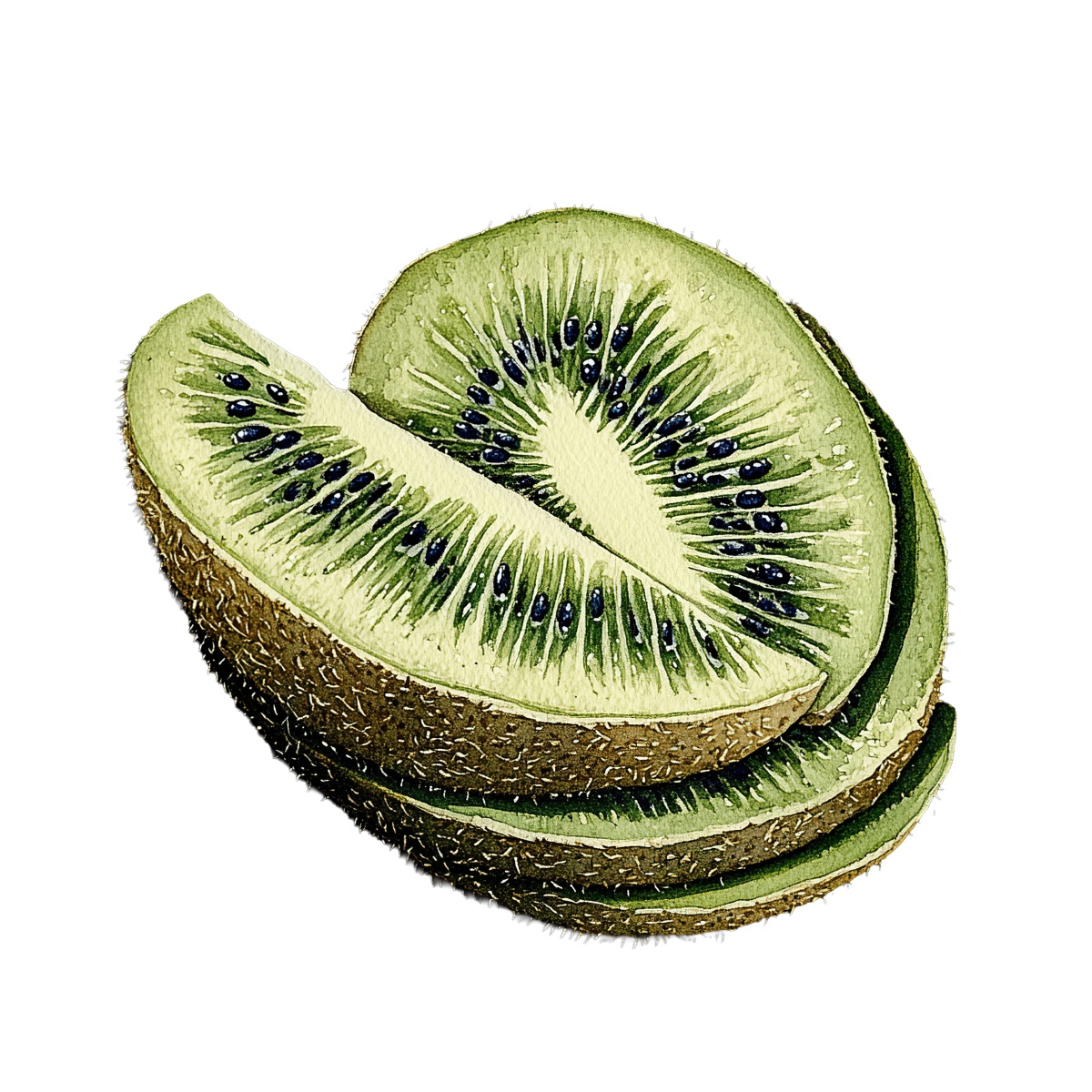 Sliced kiwi fruit with detailed texture and visible seeds.