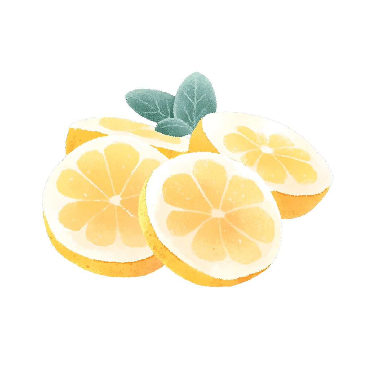 Sliced lemon pieces with green leaves in a clipart style.