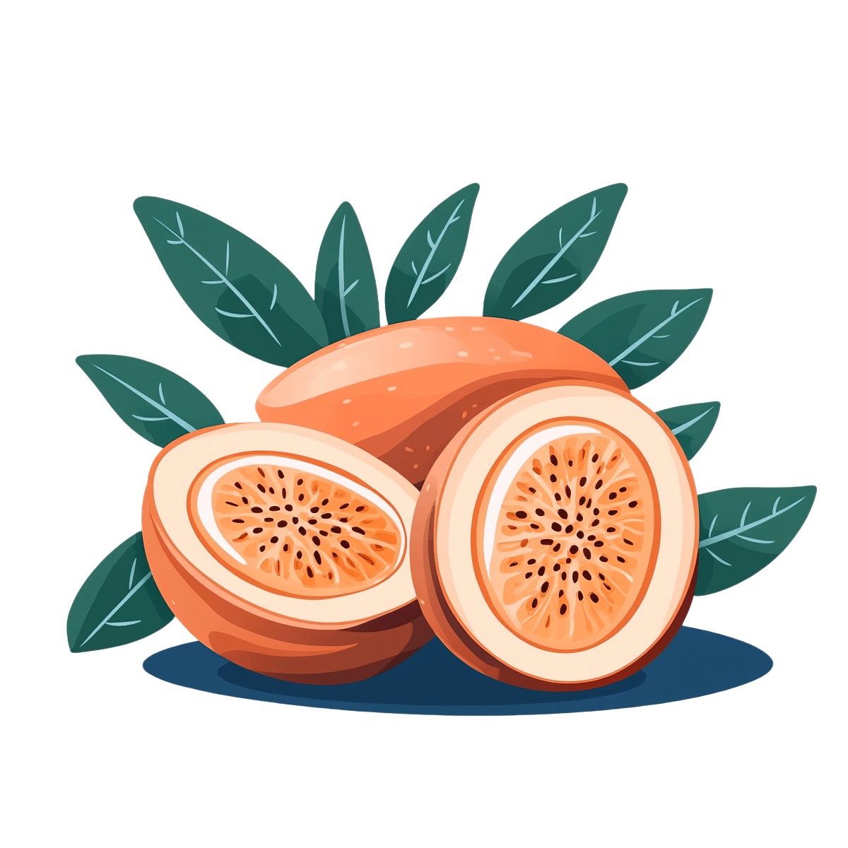 Passion fruit halves with green leaves in a clipart style.