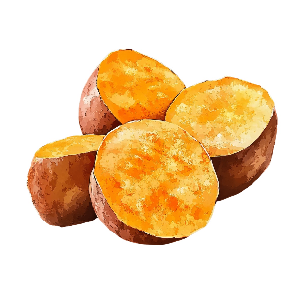 Sliced sweet potatoes showing vibrant orange flesh.