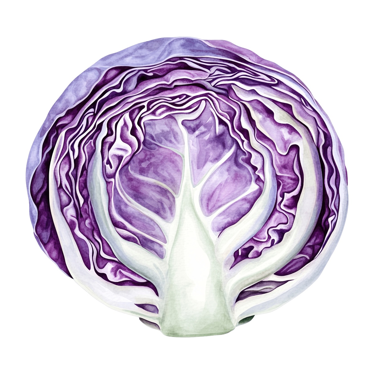 Sliced purple cabbage showing detailed inner layers and vibrant hues.