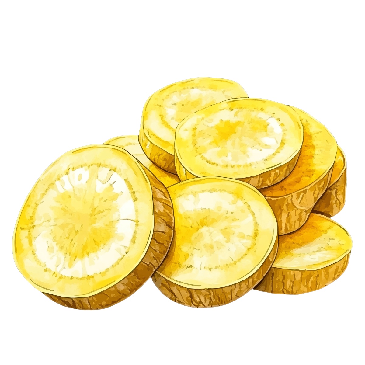 Sliced yellow bananas in a watercolor style clipart image
