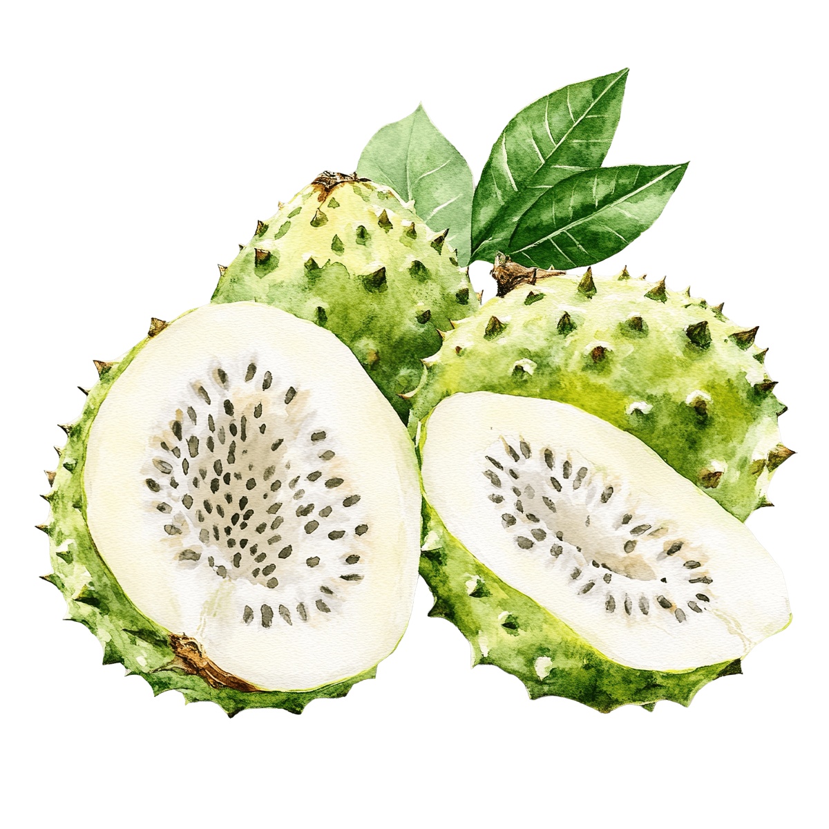 Soursop fruit with green spiky skin and seeds, accompanied by leaves.