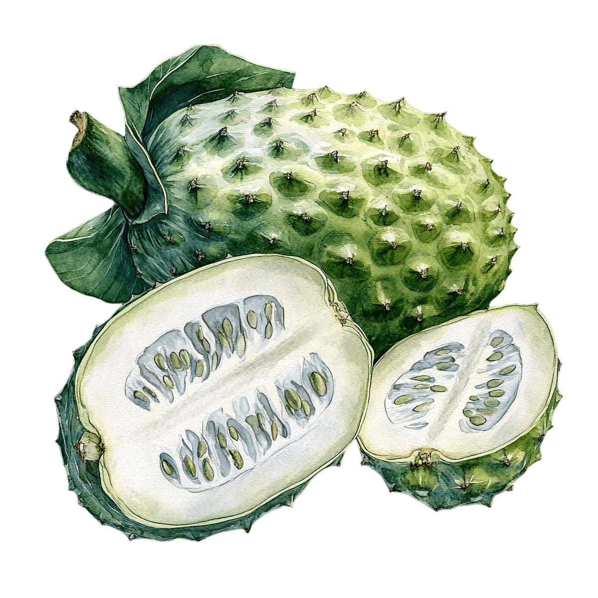 Soursop fruit with green spiky skin and white sliced flesh.