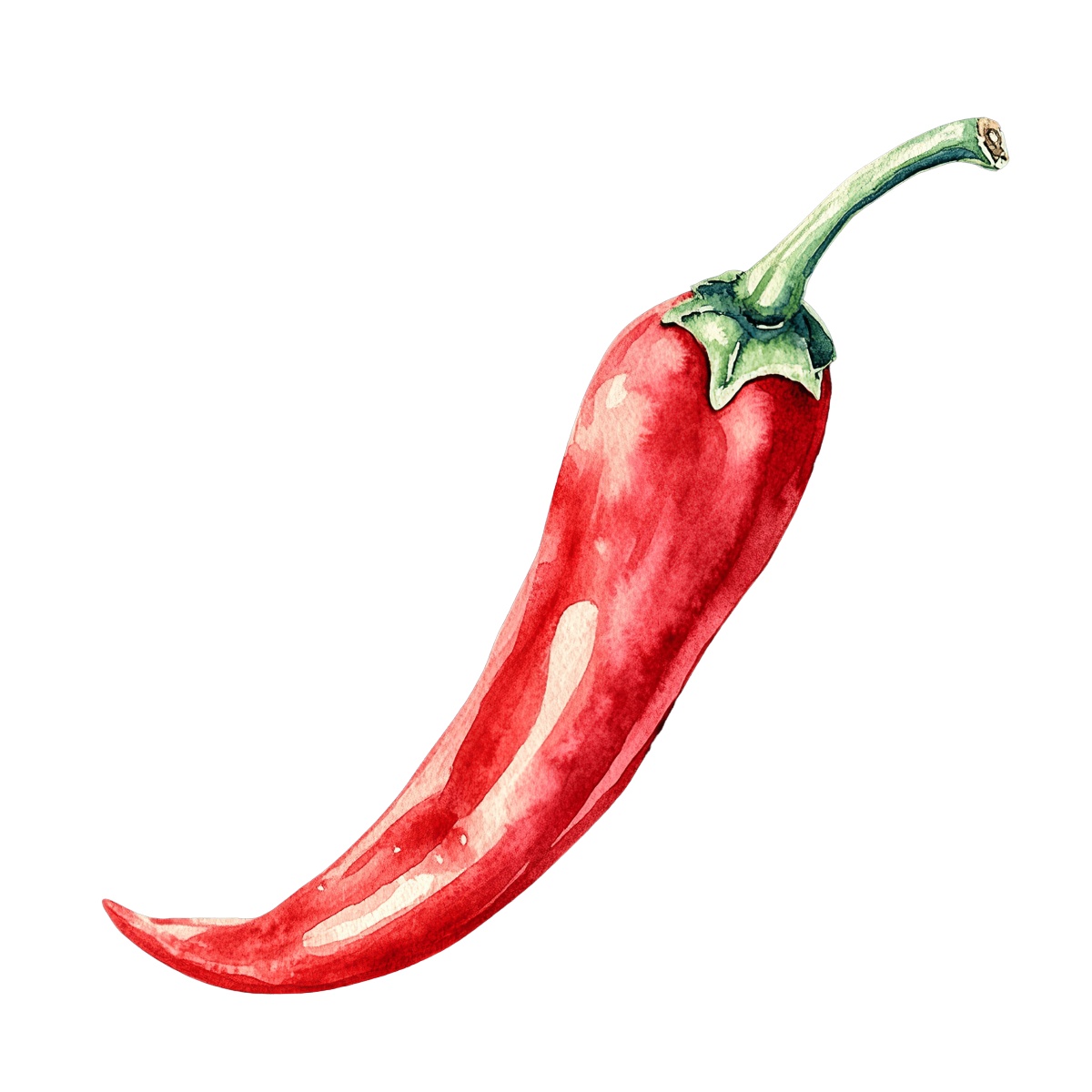 A red chili pepper with a green stem depicted in a watercolor style.