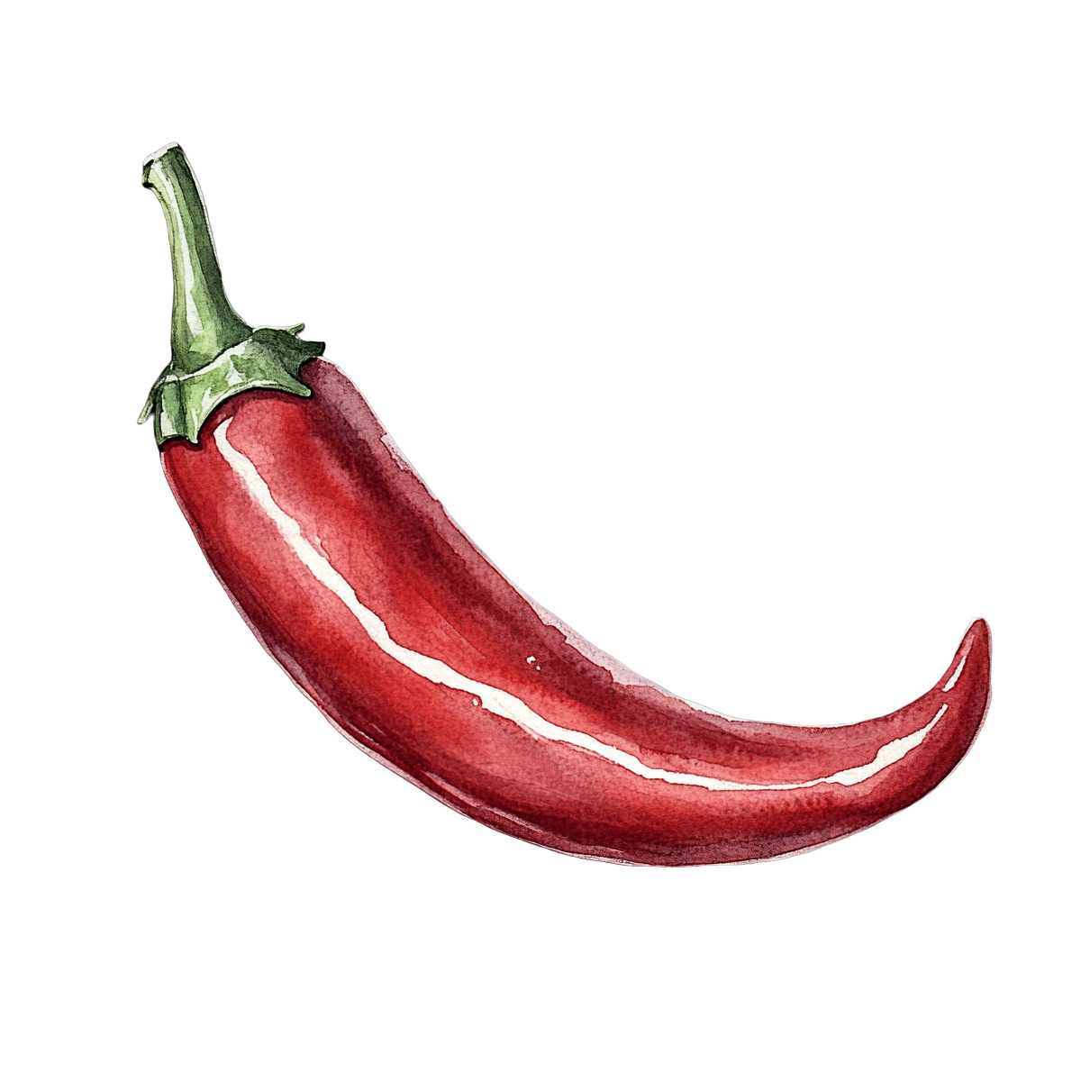A red chili pepper with a green stem, depicted in a watercolor style.