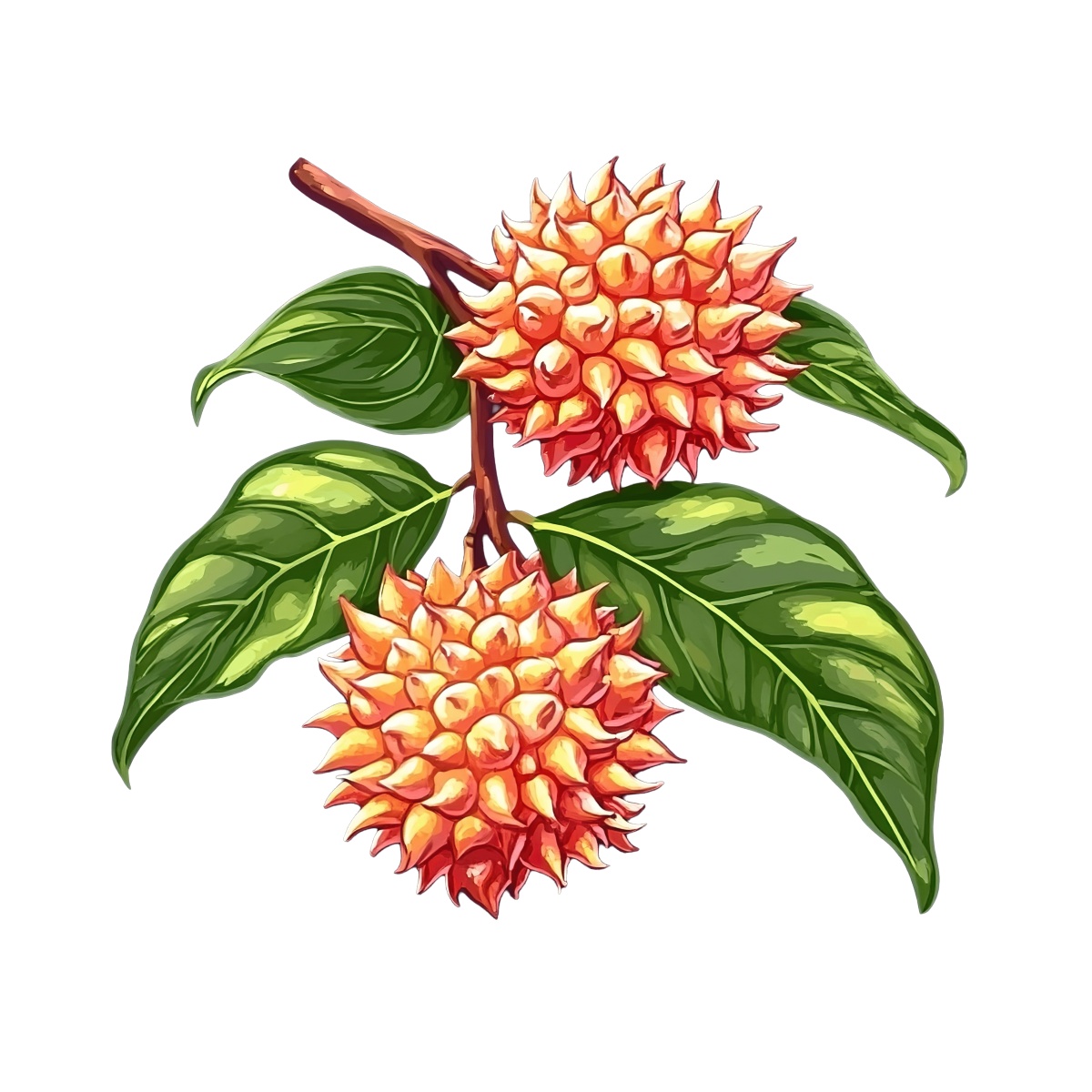 Spiky orange fruits and green leaves on a branch art.