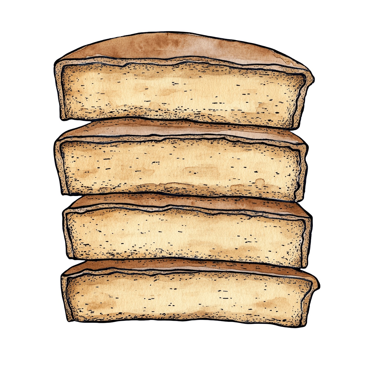 Four slices of brown bread stacked vertically in a clipart style