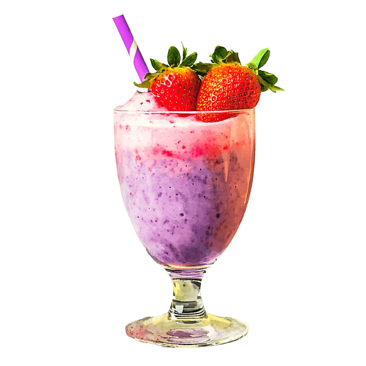 Strawberry and blueberry smoothie in a glass with a straw.