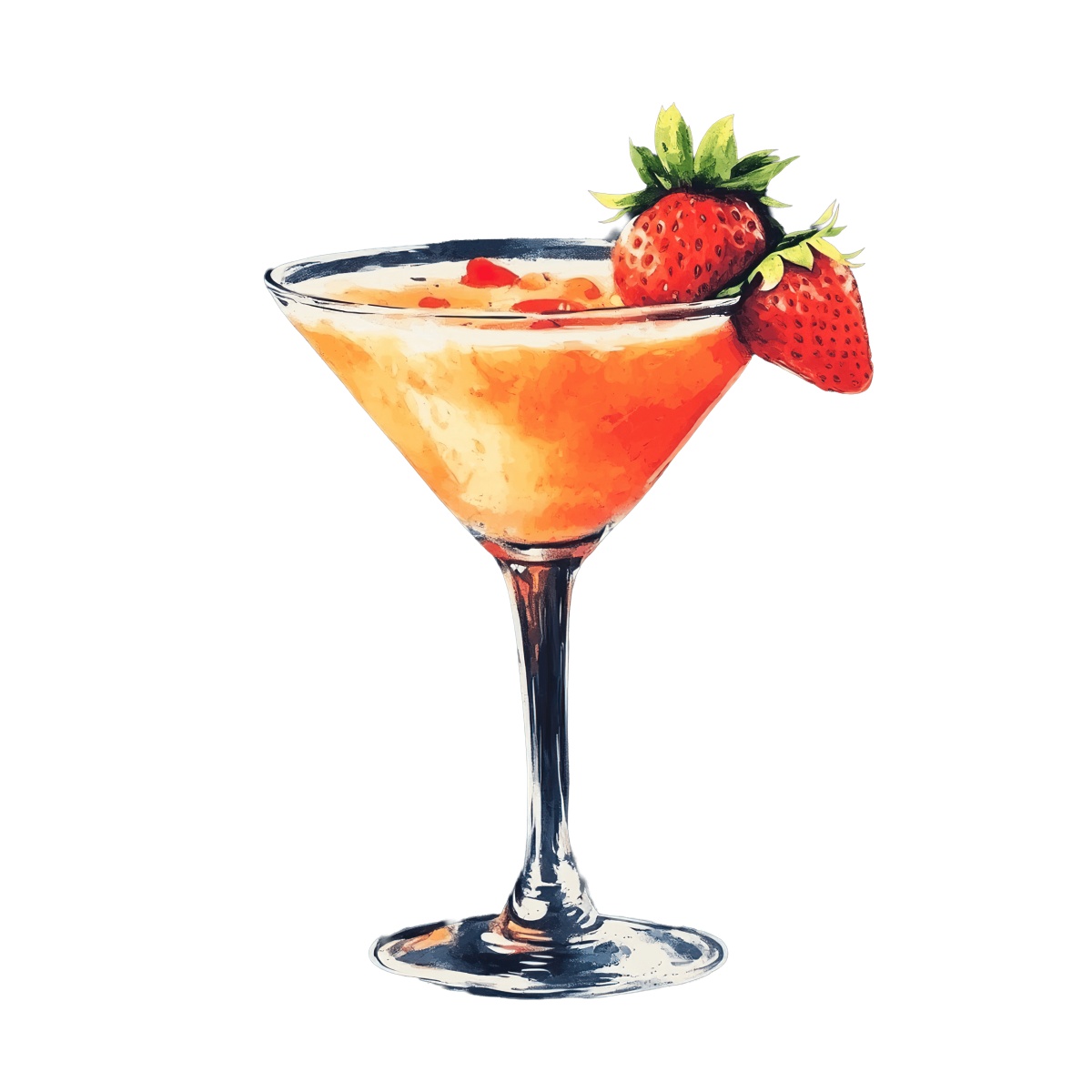 Martini glass with orange cocktail and strawberry garnish on rim.