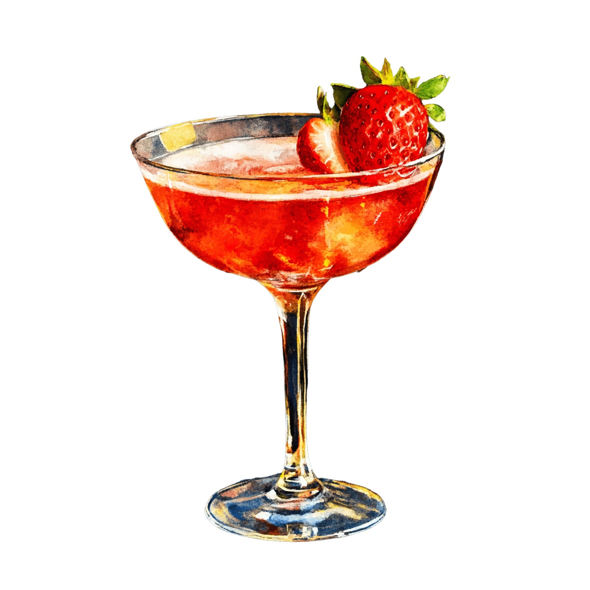 Strawberry cocktail in a glass with a fresh strawberry garnish.