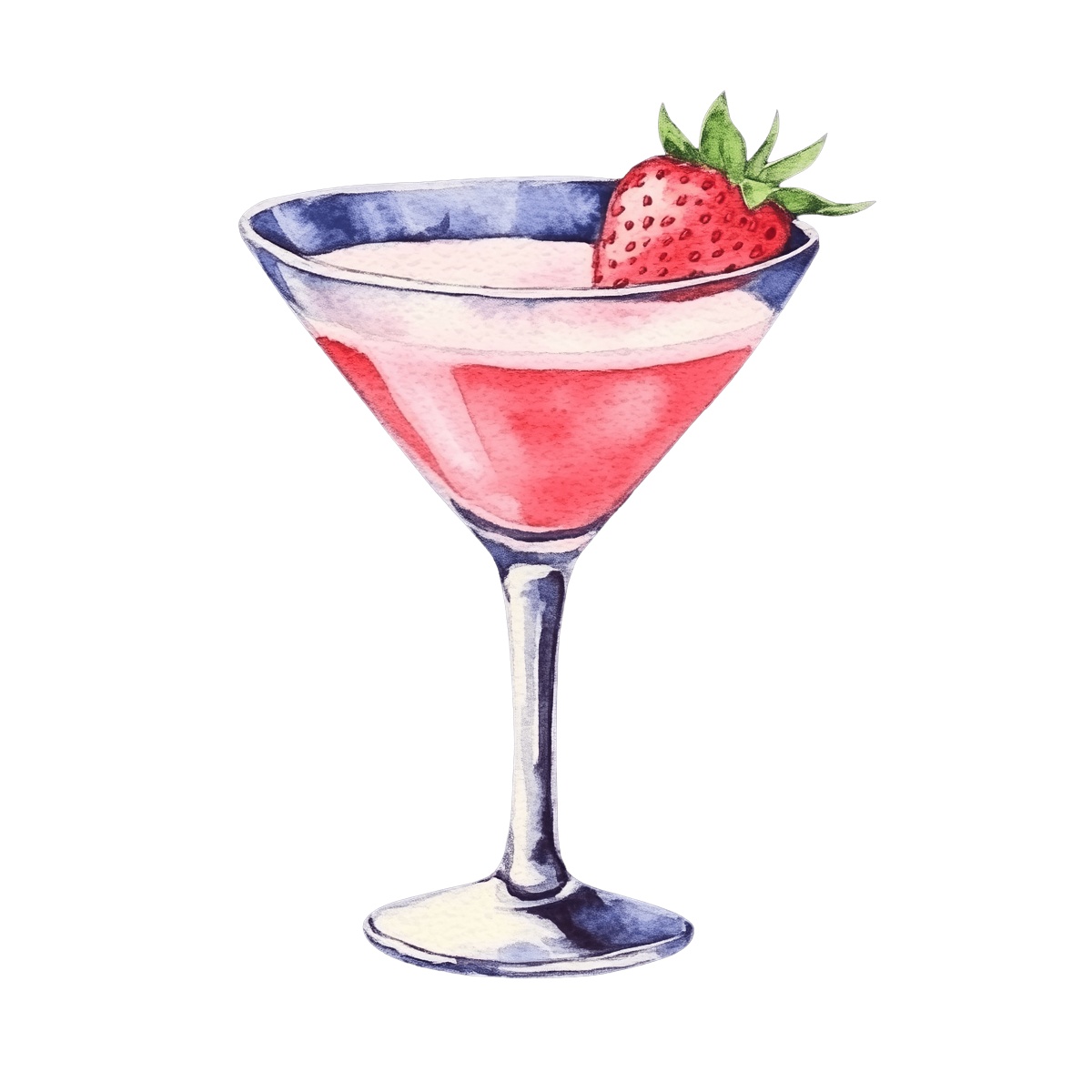 Strawberry cocktail in a martini glass with a strawberry garnish.