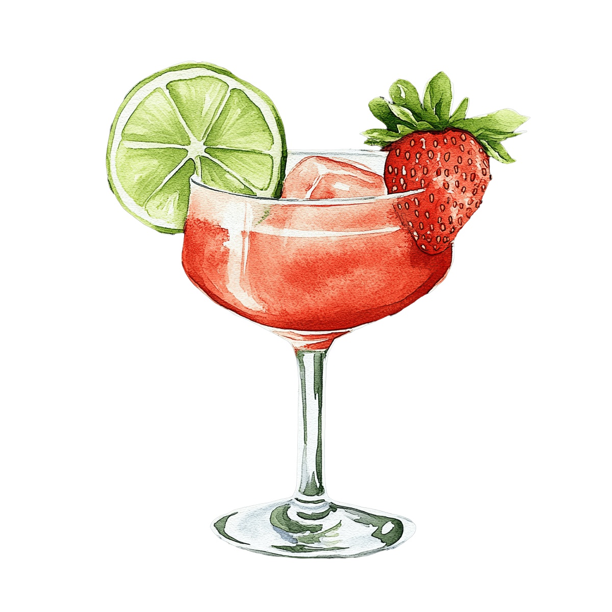 Strawberry cocktail in a glass with a lime slice and strawberry garnish.