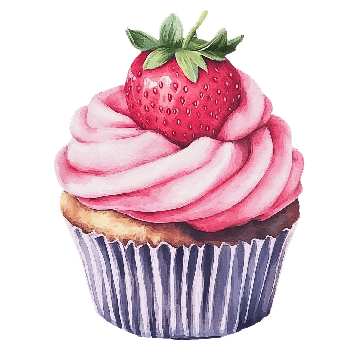 Cupcake with pink frosting and a strawberry on top.