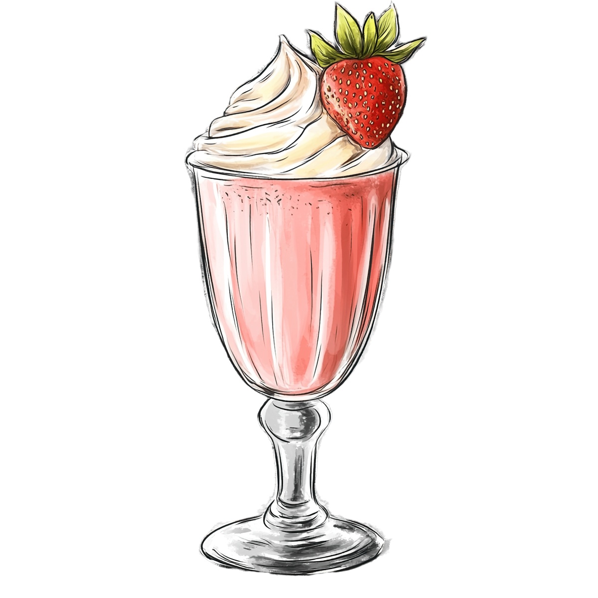 Strawberry milkshake in a tall glass with whipped cream and strawberry.
