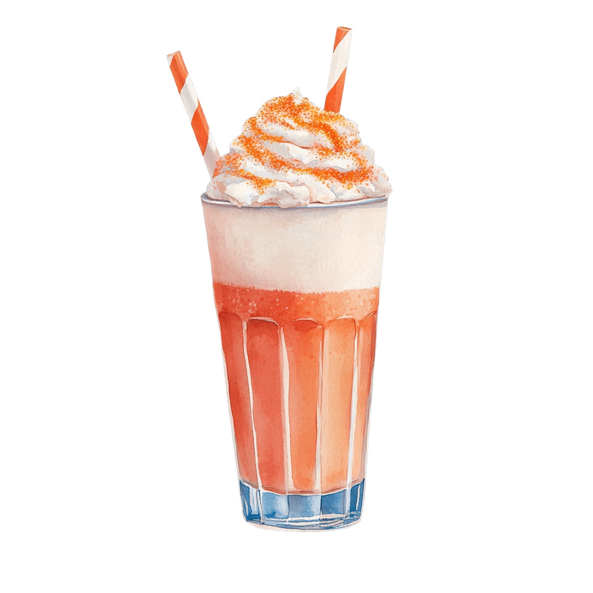 Strawberry milkshake with whipped cream and two striped straws.