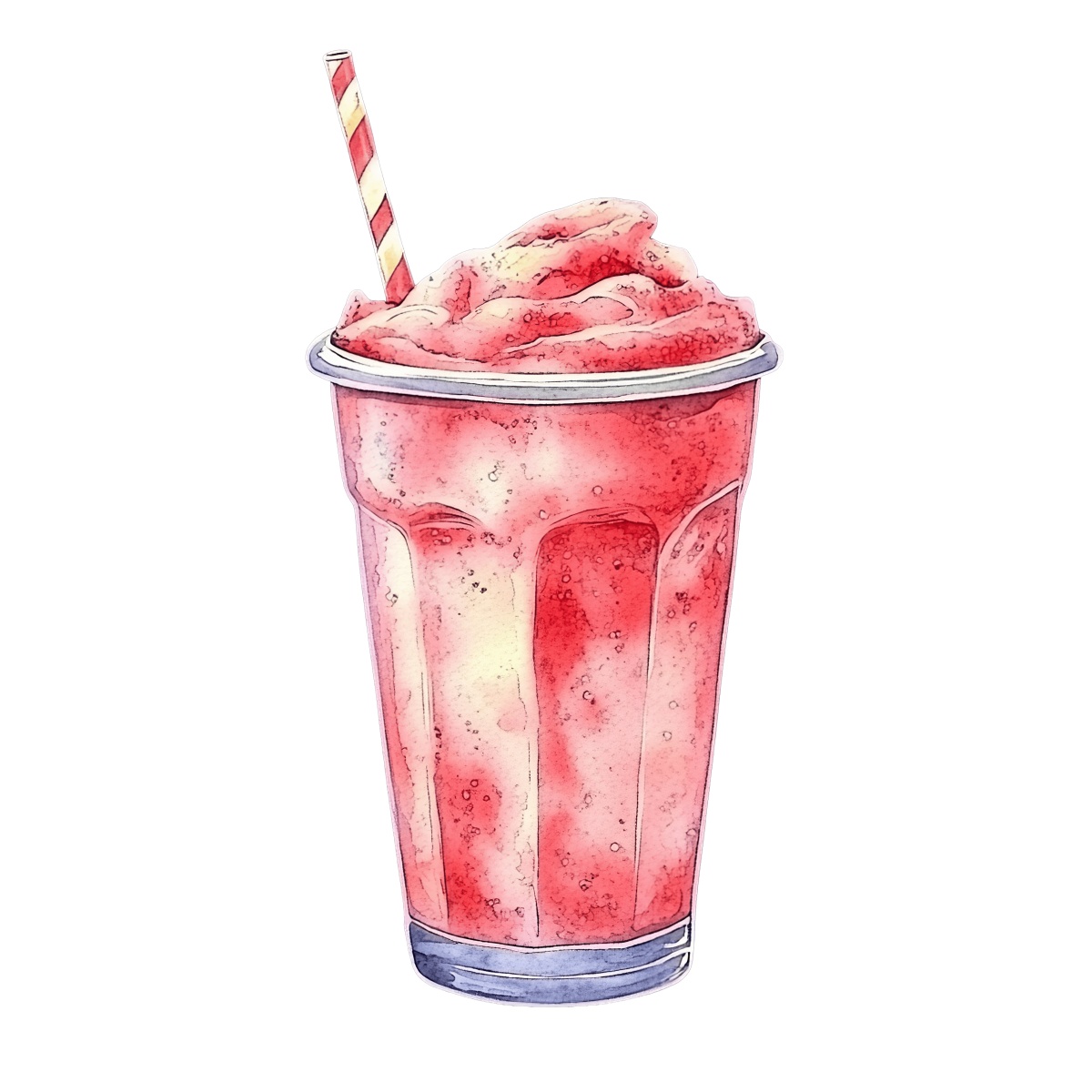 Strawberry smoothie in a glass with a striped straw on top