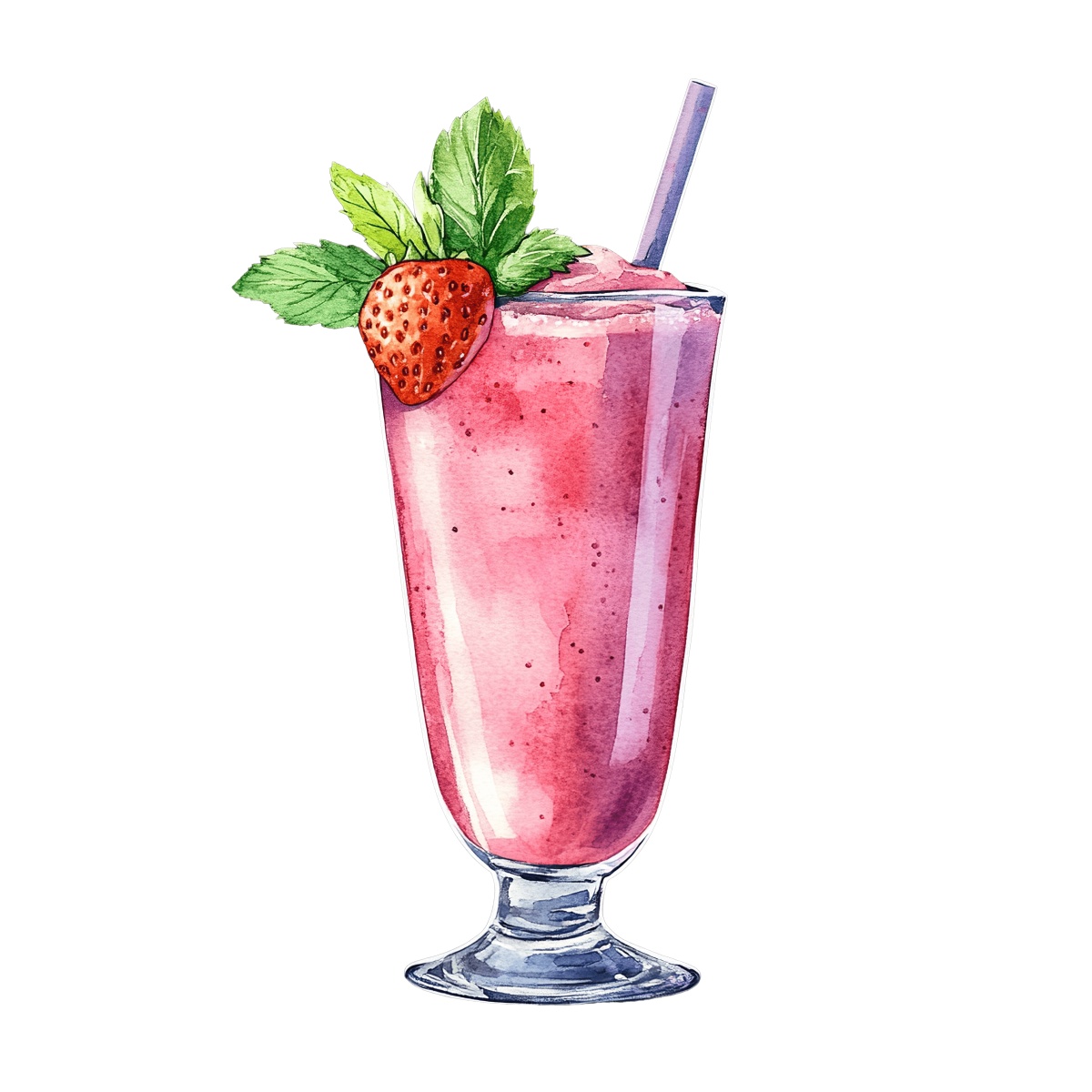 Strawberry smoothie in a tall glass with a straw and leaves.