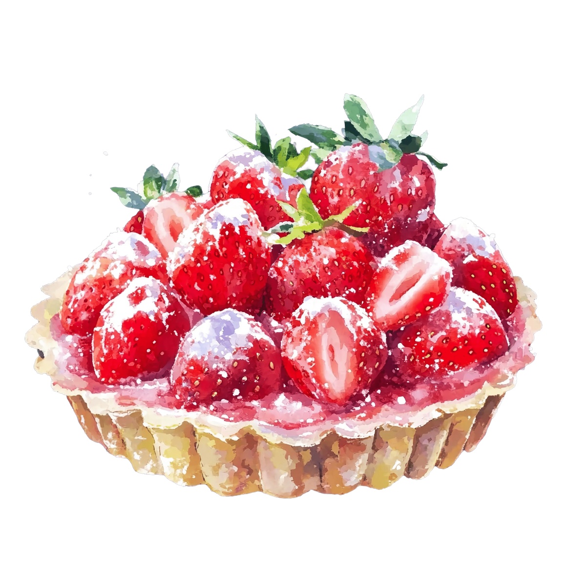 Strawberry tart topped with fresh berries and powdered sugar.