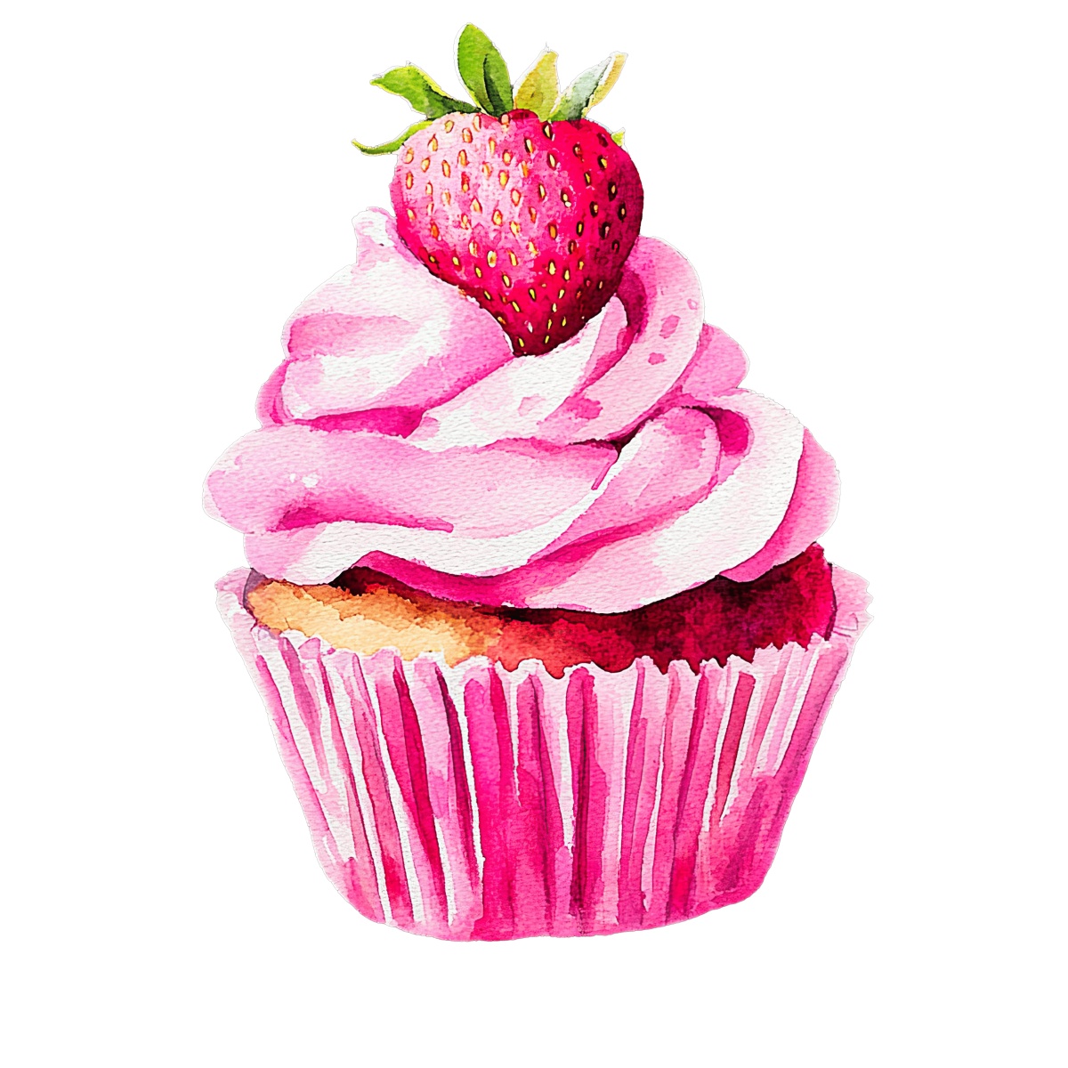 Cupcake with pink frosting and a strawberry on top.