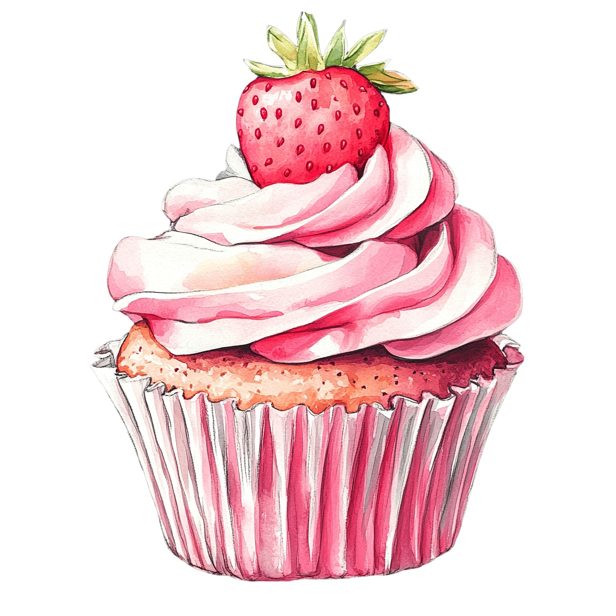 Cupcake with pink frosting and a strawberry on top in a wrapper.