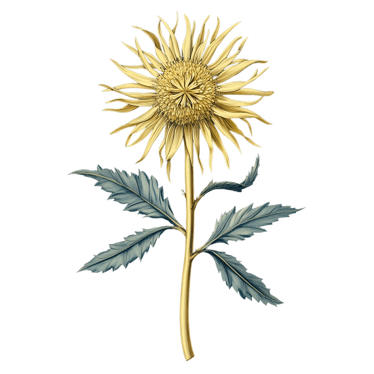 Sunflower featuring intricate petals and green leaves.