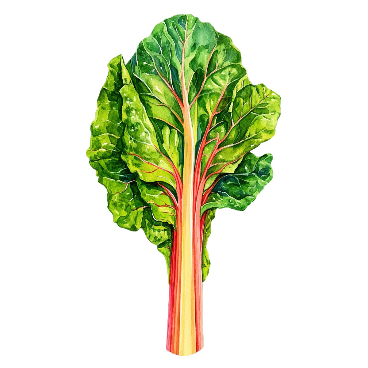 Swiss chard leaf with green foliage and red stems depicted in clipart style.
