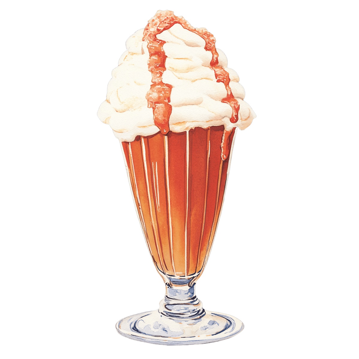 Milkshake glass with whipped cream and syrup drizzled on top.