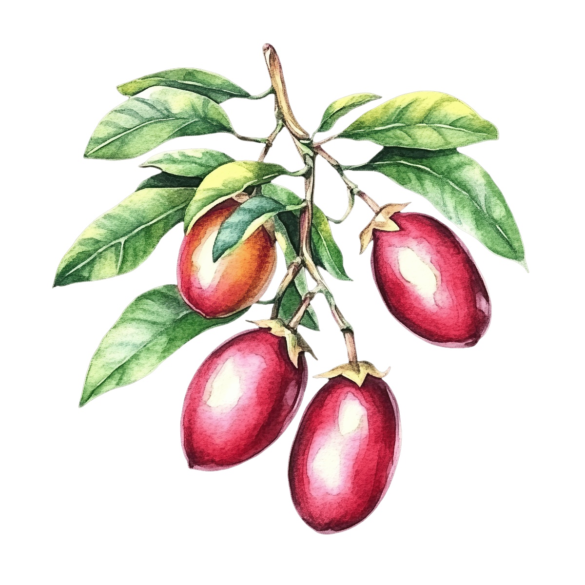 Tamarillo branch with red fruits and green leaves in detailed clipart style.