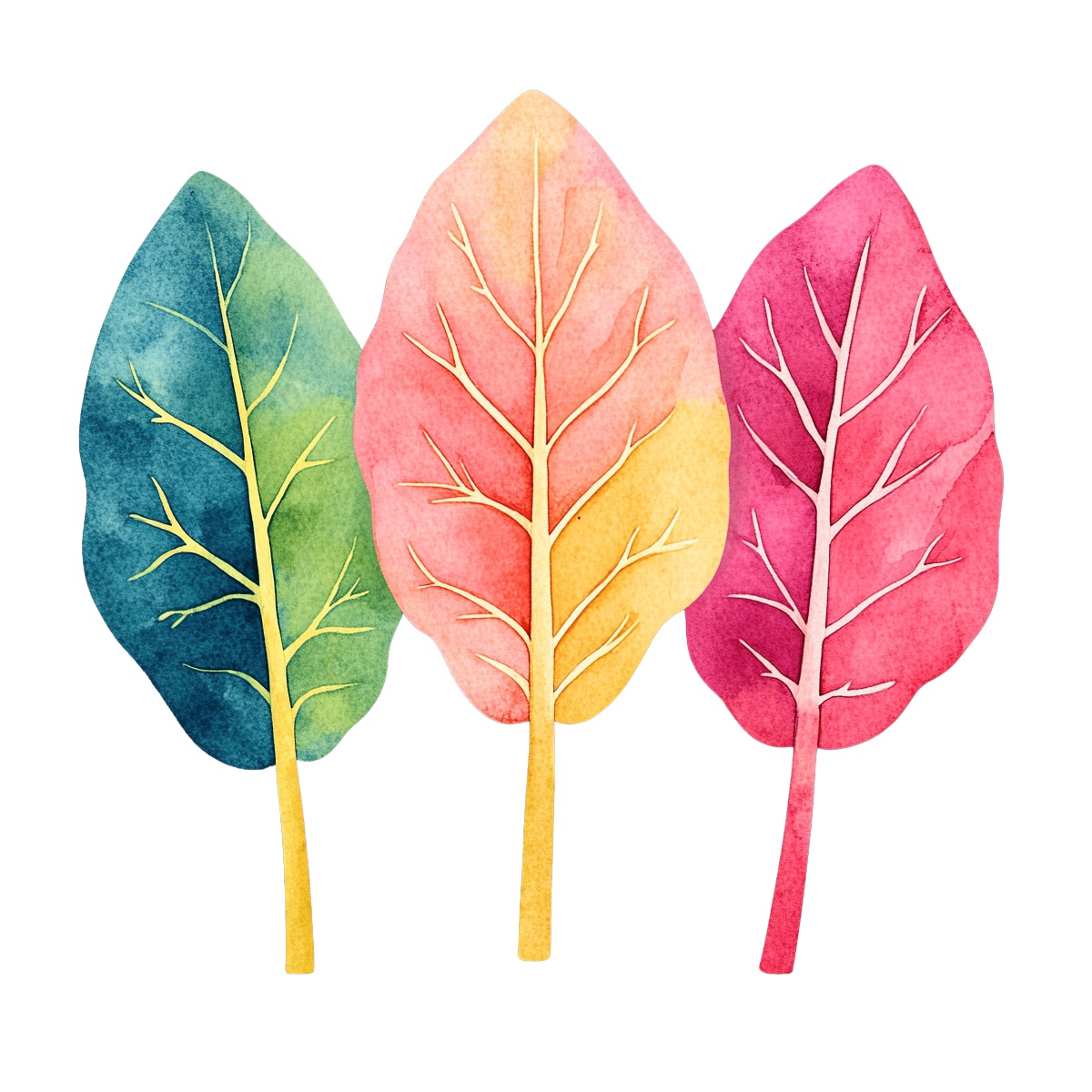 Three watercolor leaves in blue, yellow, and pink with visible veins.