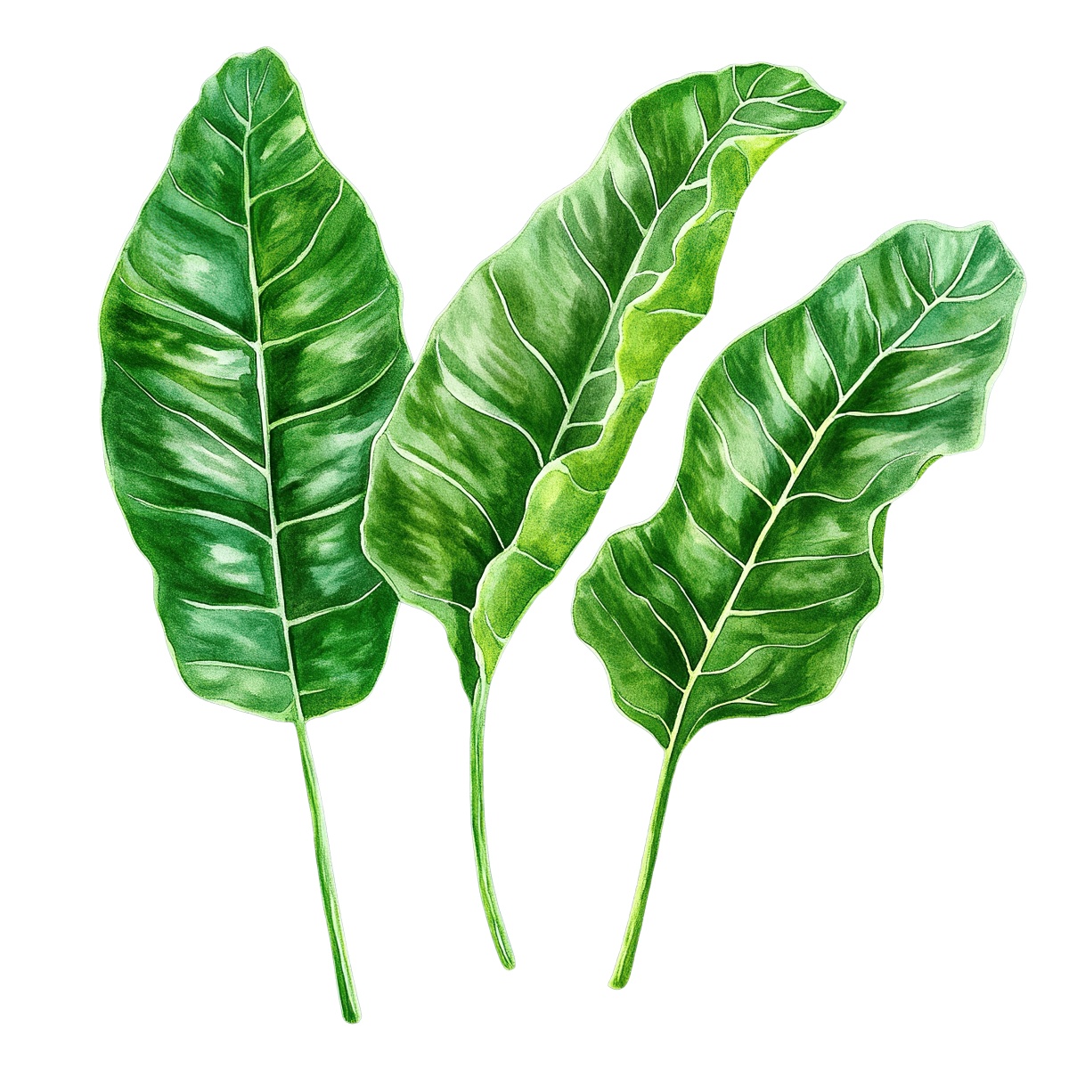 Three green tropical leaves with detailed vein patterns.