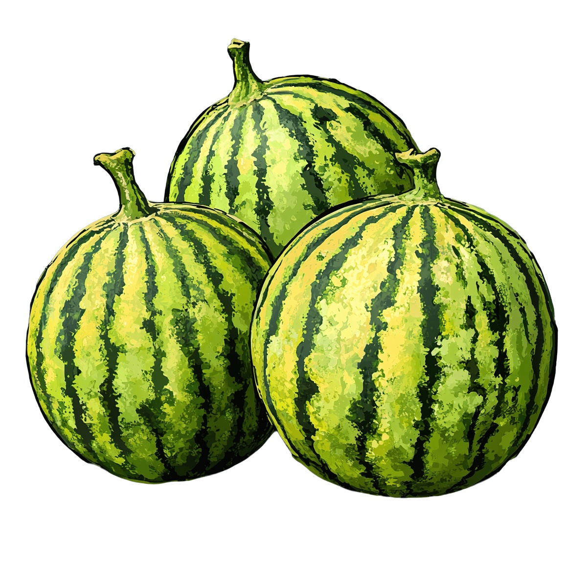 Three green watermelons featuring striped patterns