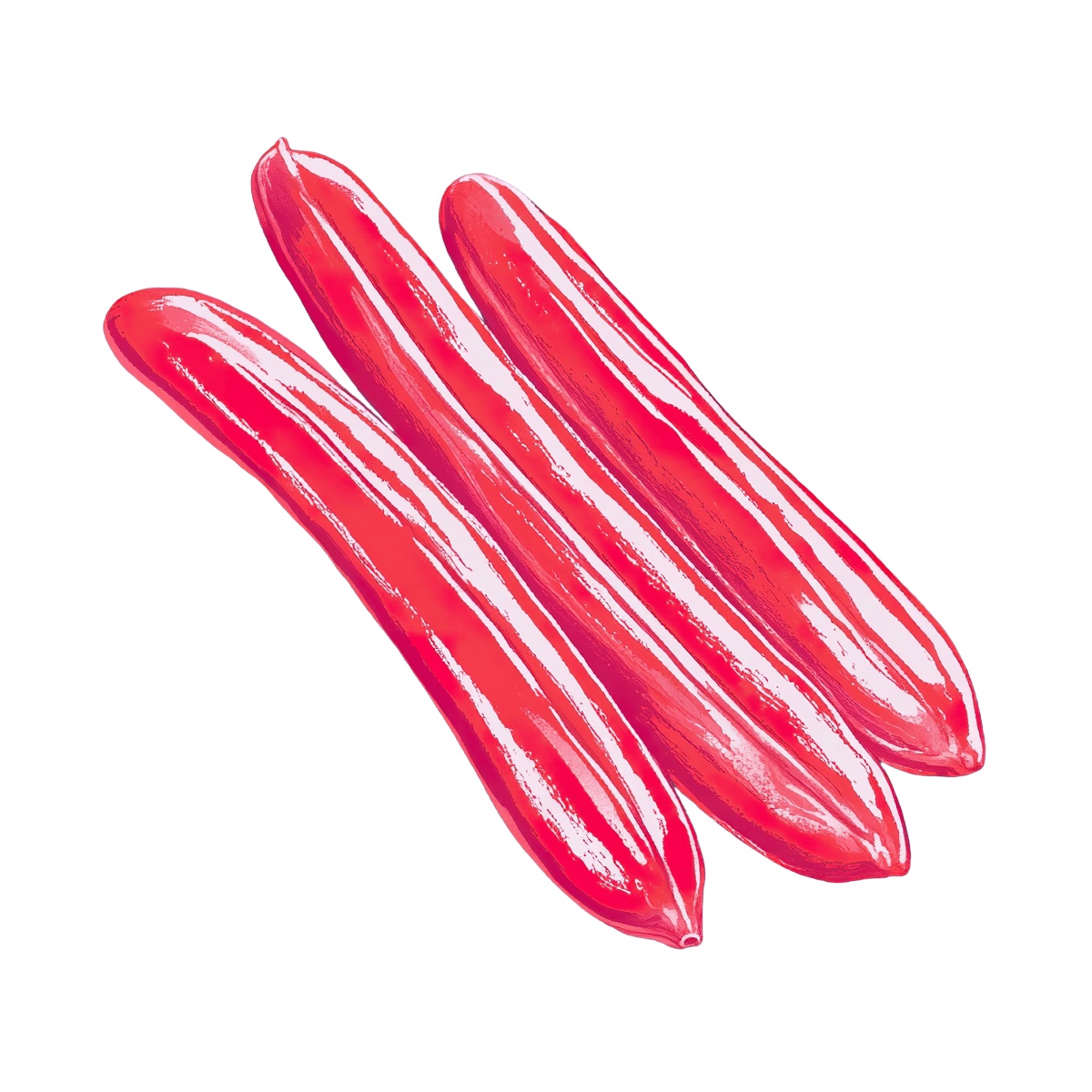 Three red hot dogs aligned side by side in a graphic style.