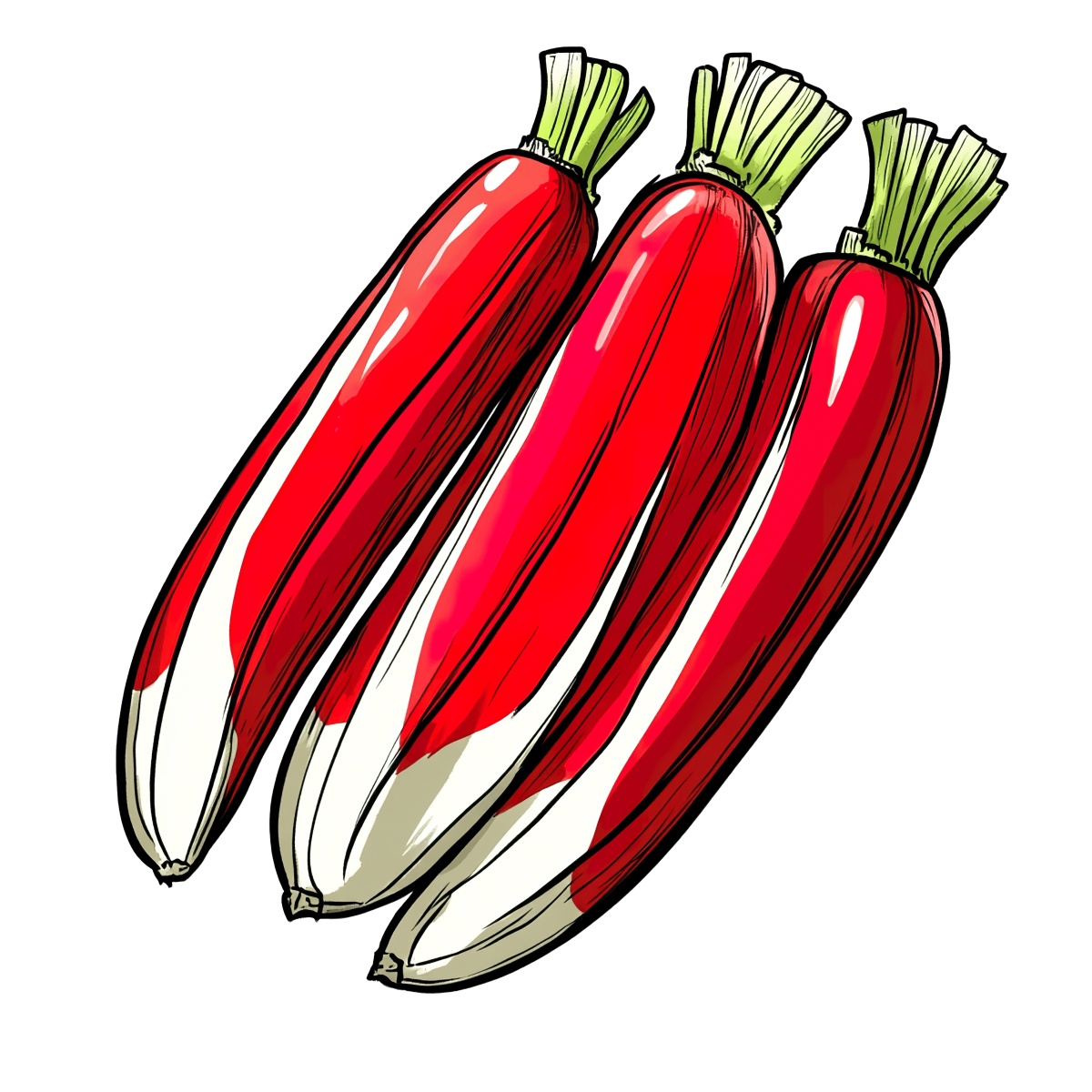 Three red radishes with green tops in a vector art style.