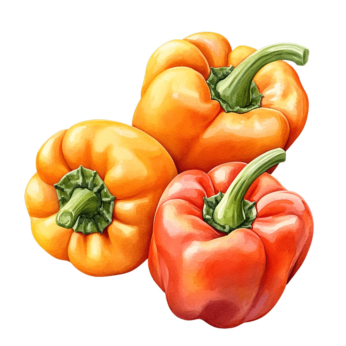 Three bell peppers in orange and red with green stems.