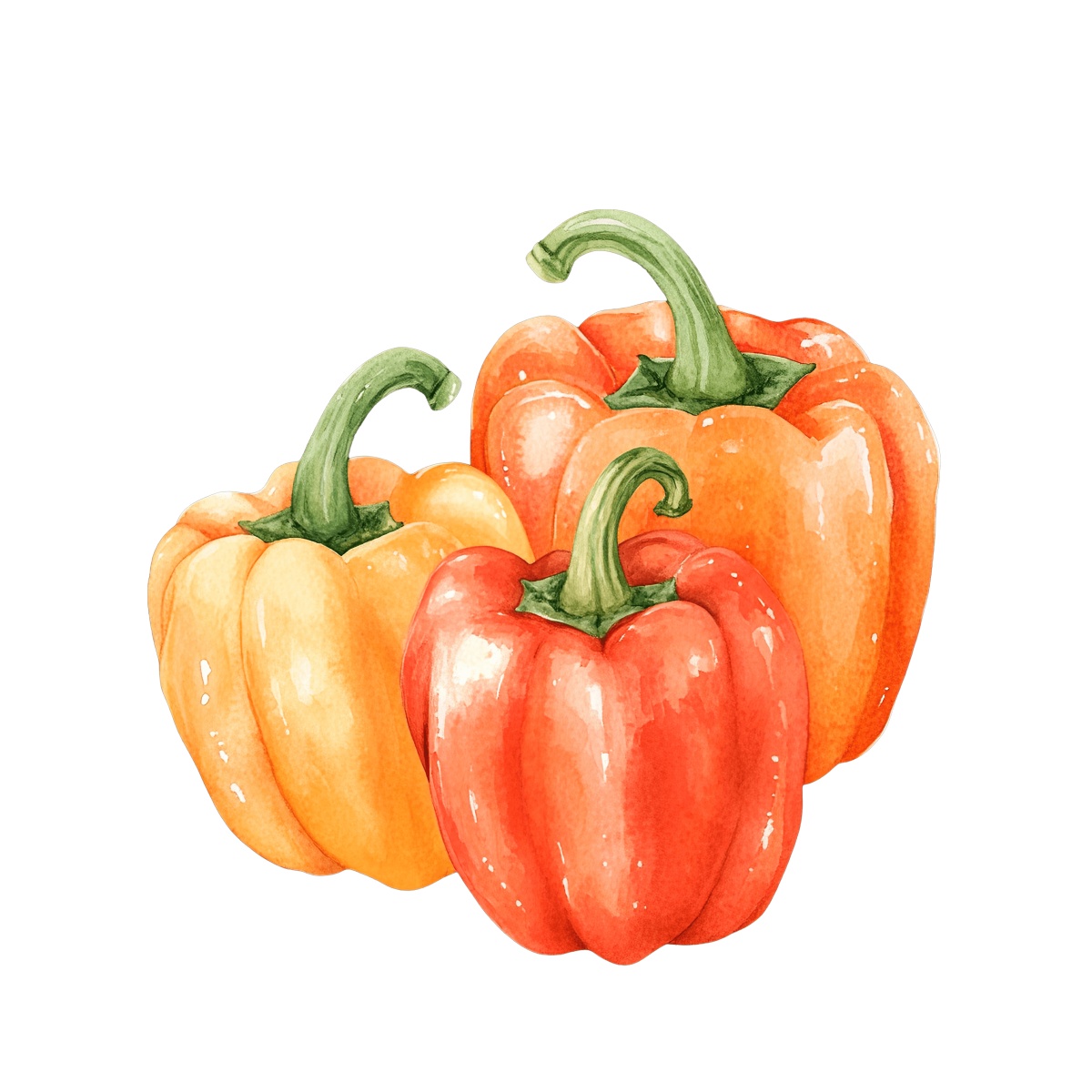 Three colorful bell peppers with green stems in watercolor style.