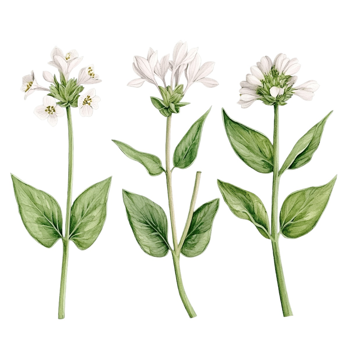 Three white flower stems with green leaves in a botanical style