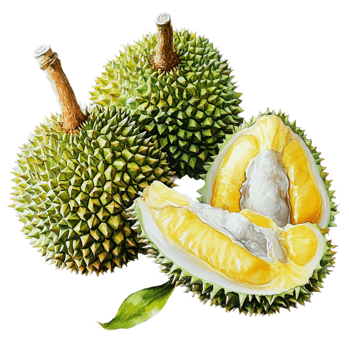 Three durians with spiky skin, one cut open to show yellow flesh