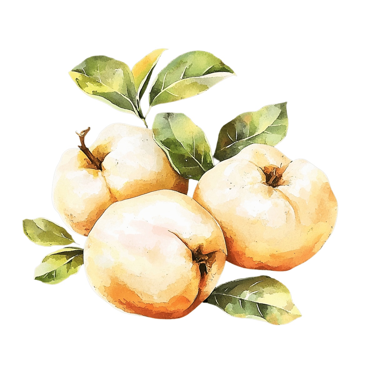 Three yellow apples with green leaves in a watercolor style