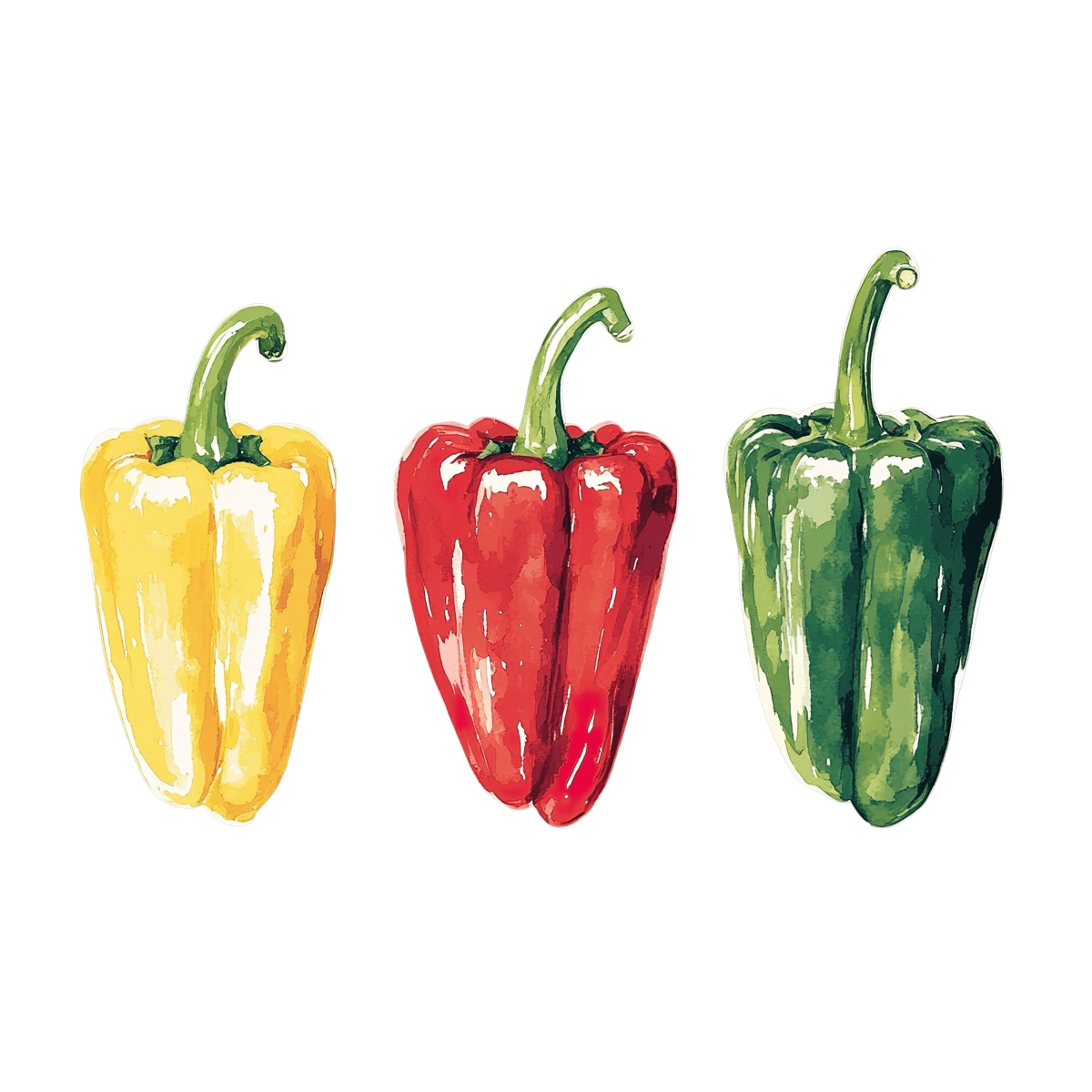 Three watercolor bell peppers in yellow, red, and green colors.