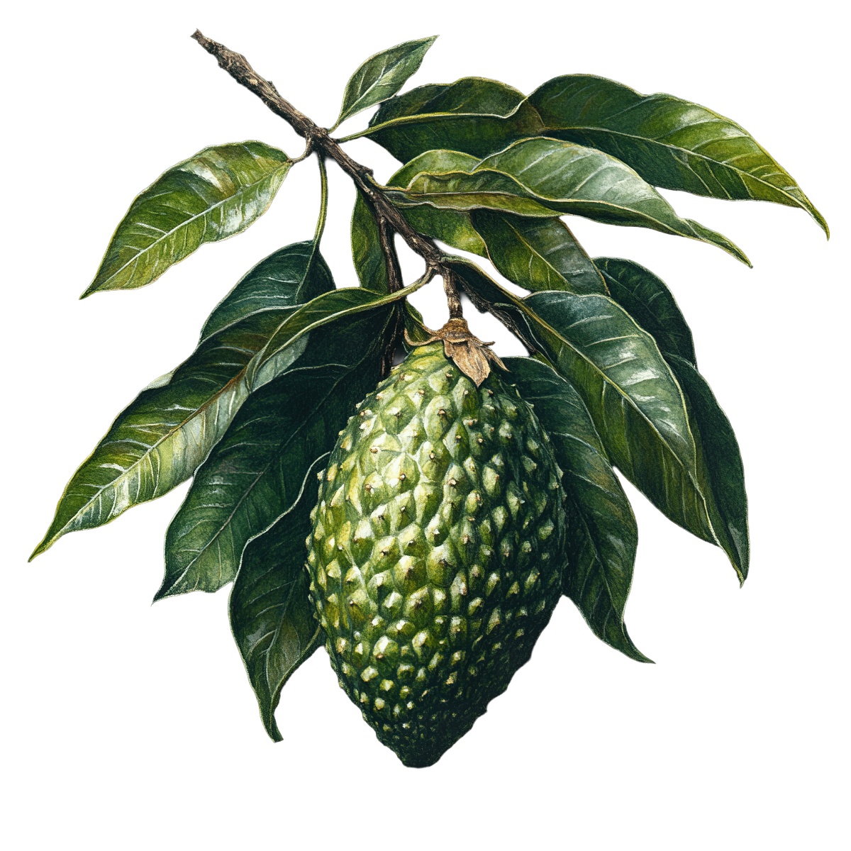 Soursop fruit with green leaves on a branch, detailed clipart.