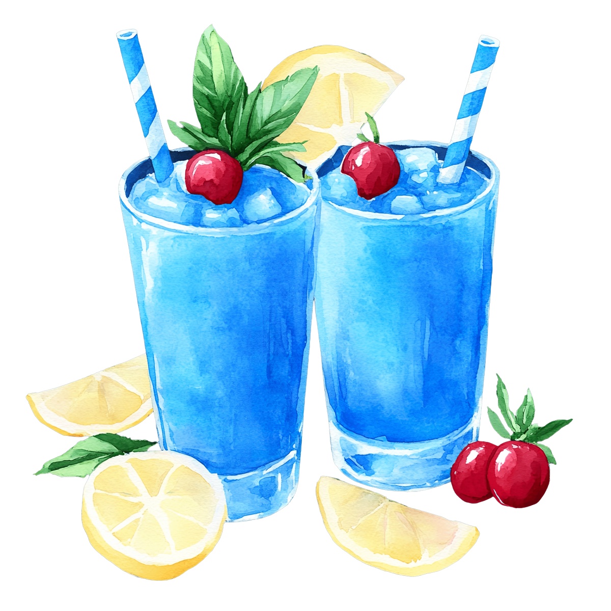 Two blue cocktails with striped straws, lemon slices, and cherries