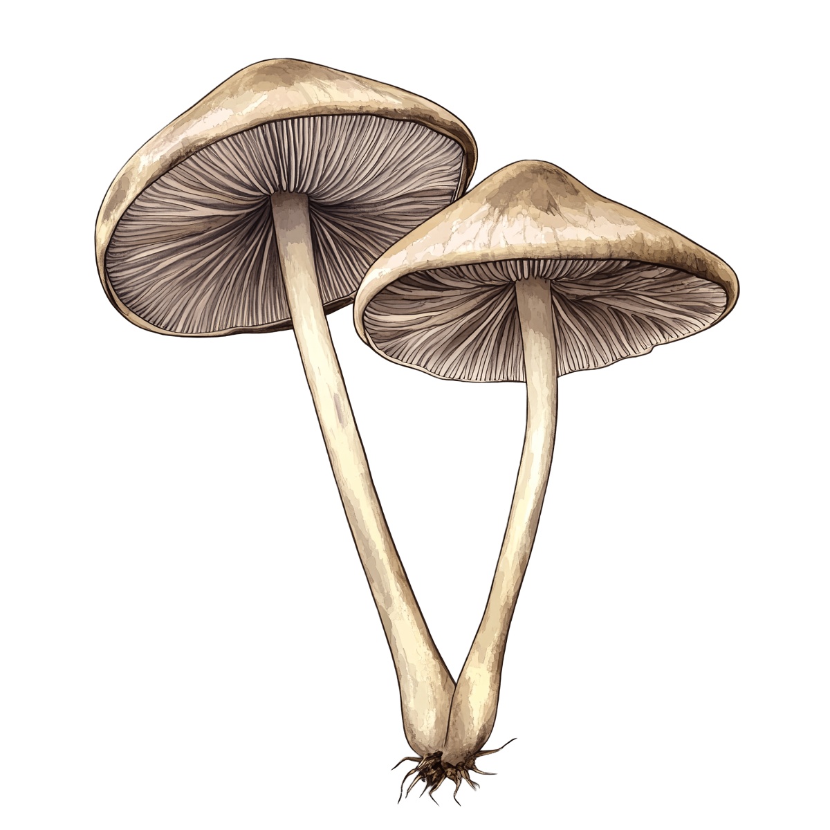 Two mushrooms with brown caps and long stems in detailed clipart style