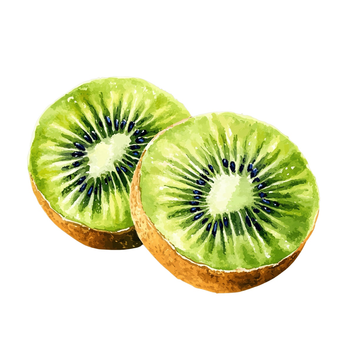 Two halved kiwi fruits showing green flesh and black seeds.