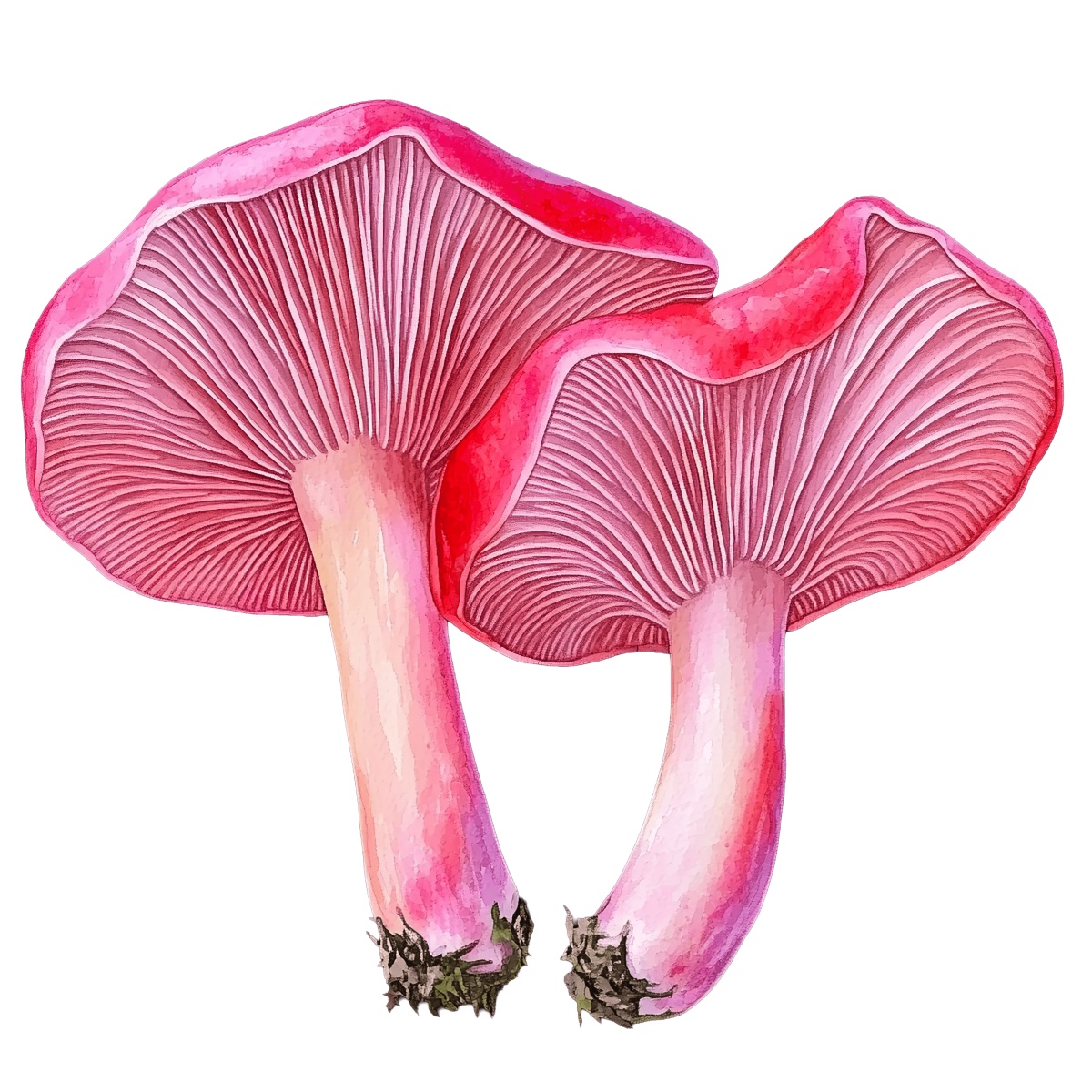 Two pink mushrooms with detailed gills and textured stems