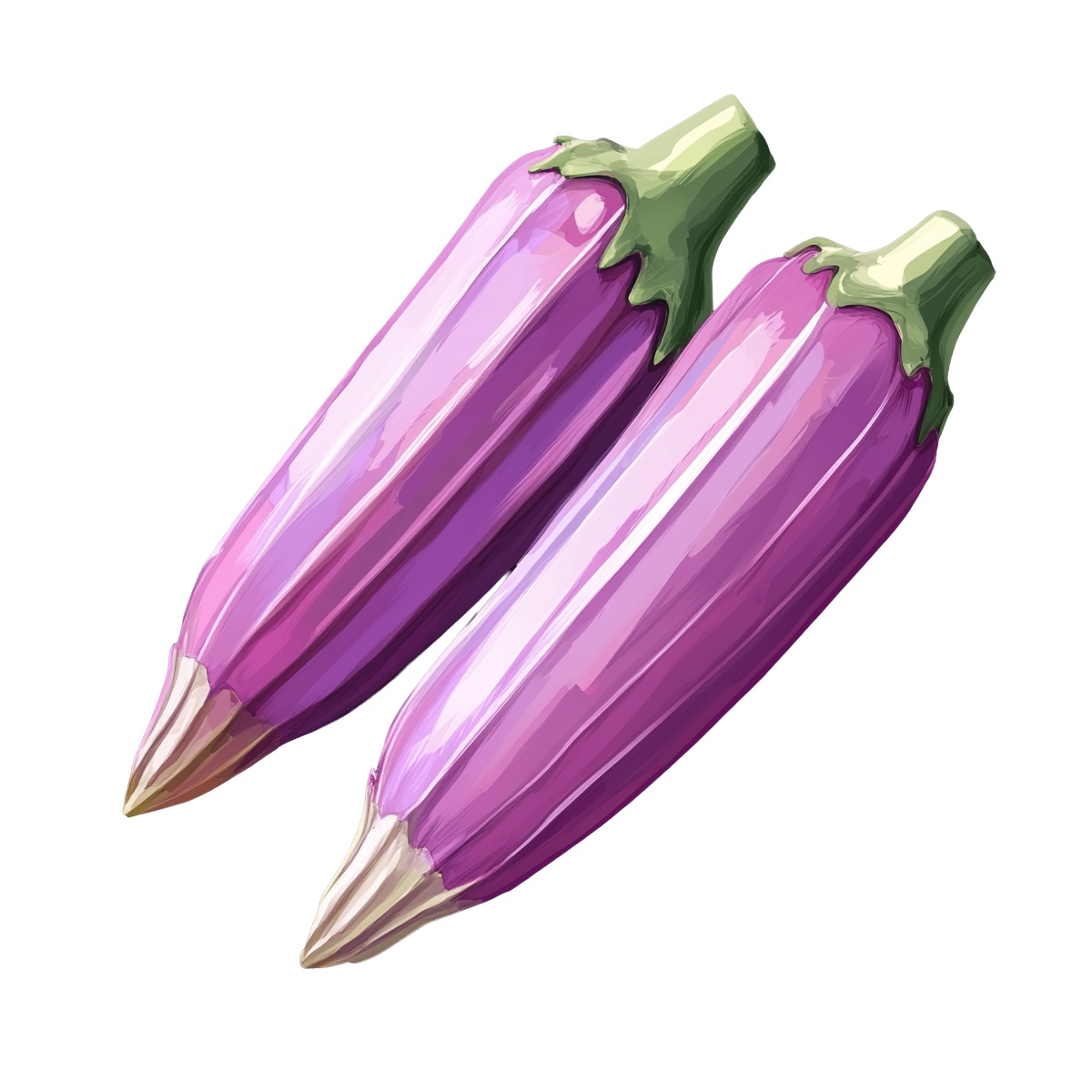 Two purple eggplants with green stems in a digital art style.