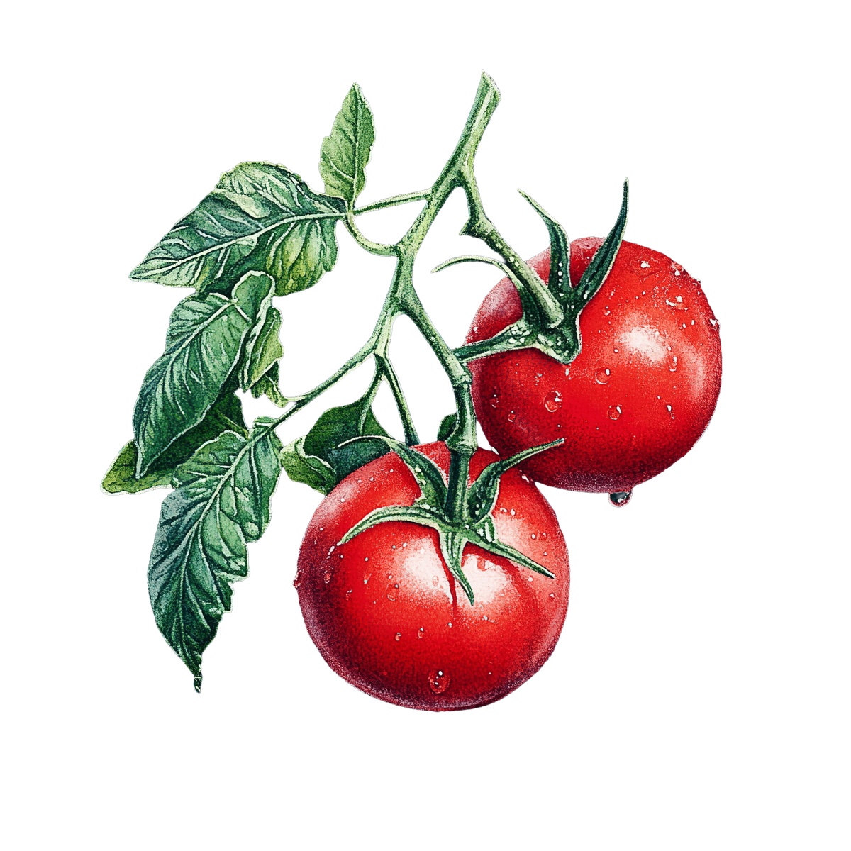 Two ripe red tomatoes on a vine with green leaves