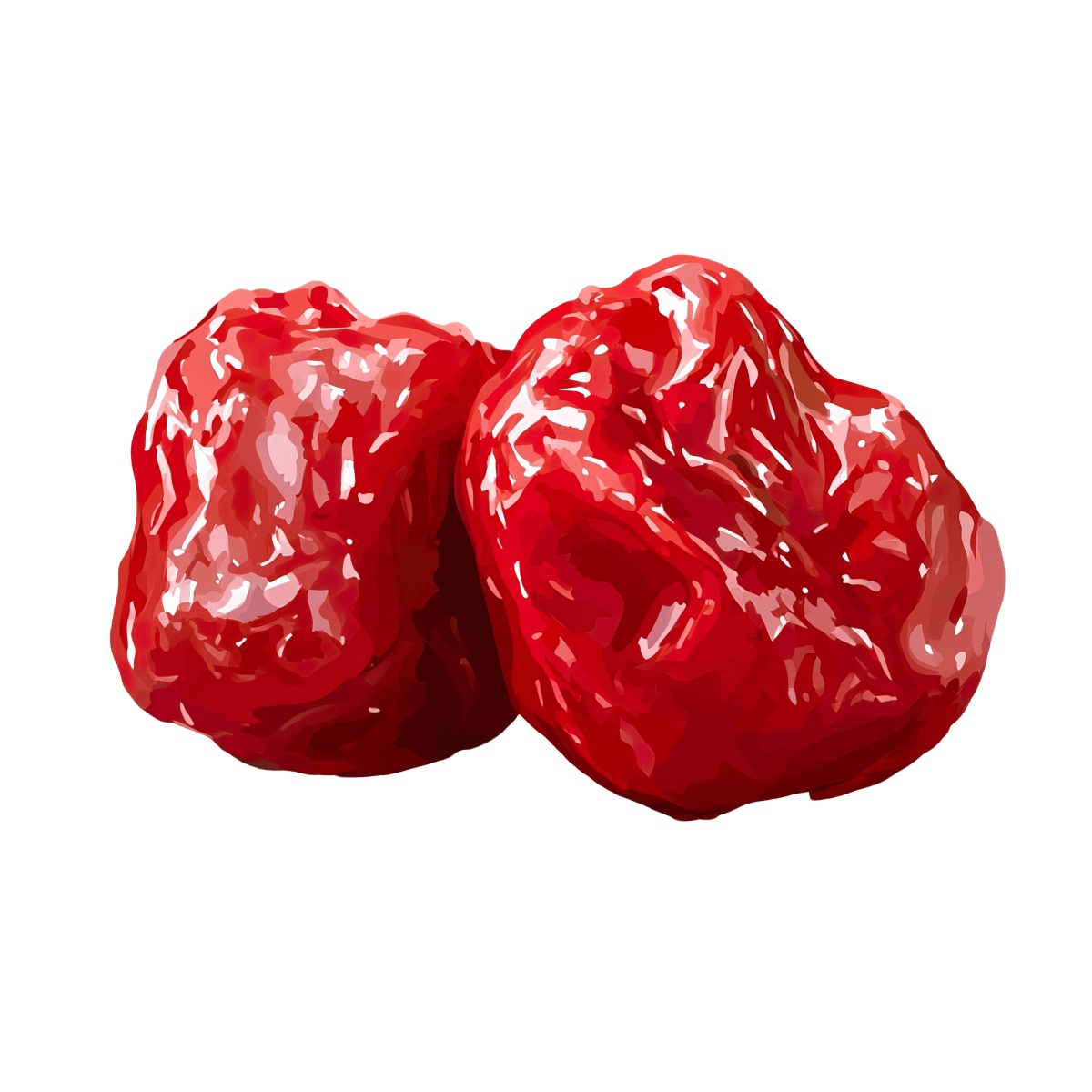 Two shiny red dates with a wrinkled texture and glossy appearance