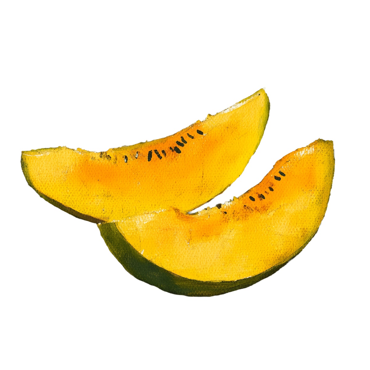 Two yellow melon slices with seeds on a